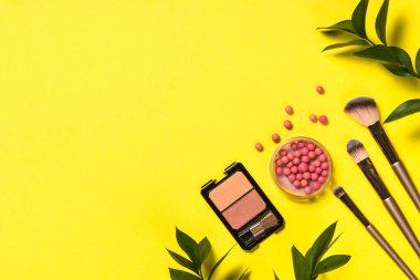 Renk arka planında profesyonel makyaj malzemesi.