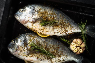 Çiğ balık dorado, siyah taş masadaki kabartma çarşafında..