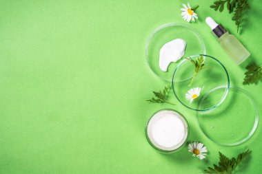 Yeşil bitkilerle kozmetik laboratuarı kavramı.