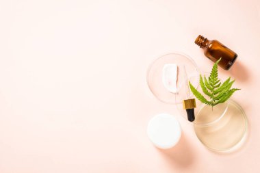 Kozmetik ürünleri ve yeşil bitkilerle dolu cam petri kabı.