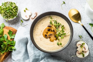 Hafif taş masada mantar çorbası. Şampiyon kremalı çorba.