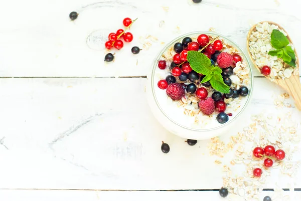 Yogurt with berries and oat flakes — Stock Photo, Image