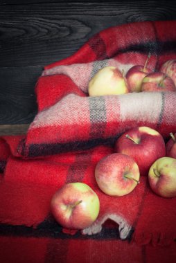 Bir ekose üzerinde kırmızı elmalar