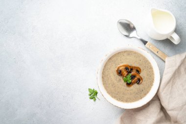 Beyaz arka planda mantar çorbası ve yemek malzemeleri. Kopyalama alanı olan üst görünüm.