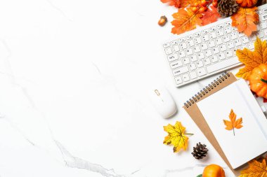 Sonbahar çalışma alanı. Dizüstü bilgisayar, defter ve dökülen yapraklar. Metin için alanı olan düz resim.