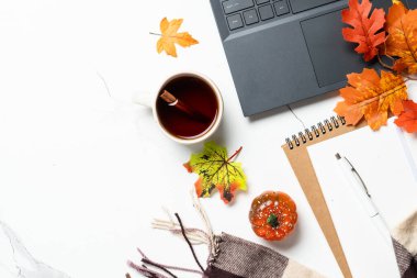 Sonbahar ofis arka planda yatıyordu. Dizüstü bilgisayar, defter, bir fincan çay ve dökülen yapraklar..