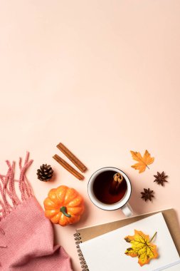 Sonbahar düz arka plan yatıyordu. Not defteri, sıcak çay ve dökülen yapraklı atkı..