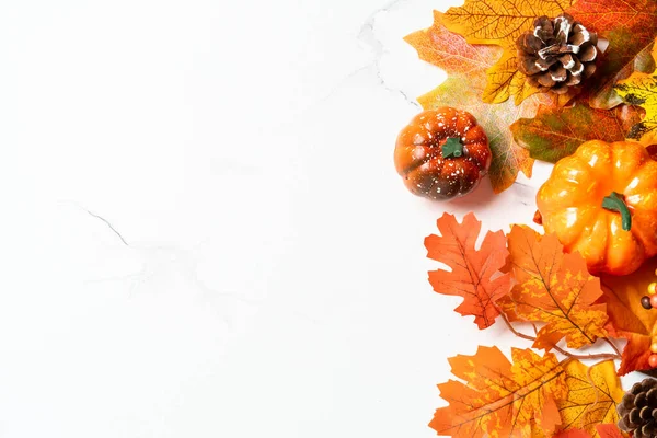 Beyaz düz zemin üzerinde sonbahar yaprakları yatıyordu. Tasarım için boş alan.