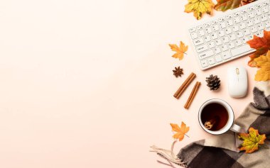 Sonbahar ofis masası. Laptop, bir fincan çay, baharatlar ve dökülen yapraklı eşarp. Metin için boşluk ile düz uzandı.