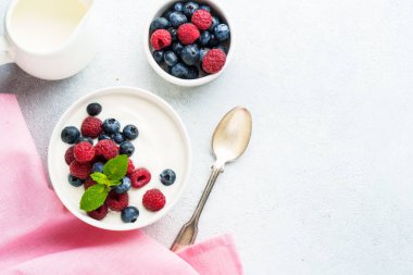 Beyaz arka planda taze böğürtlenli yoğurt. Sağlıklı atıştırmalıklar ya da kahvaltı. Tasarım için alanı olan üst görünüm.
