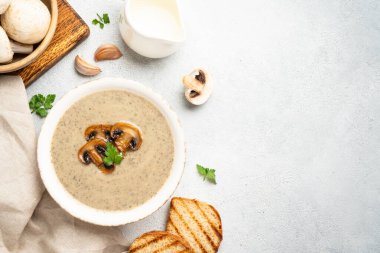 Beyaz arka planda mantar çorbası ve yemek malzemeleri. Kopyalama alanı olan üst görünüm.