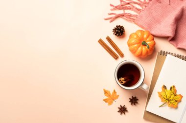 Sonbahar düz arka plan yatıyordu. Sarı arka planda sonbahar yaprakları, not defteri, eşarp ve yapraklar.