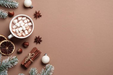 Kış yassı arka plan. Sıcak çikolata, Noel dekorasyonu ve baharatları. Düz görünüm.