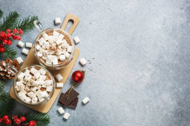 Kış sıcak içecek. Noel sıcak çikolata veya kakao beyaz Noel süslemeleri ile hatmi ile. Kopya alanı ile Üstten Görünüm.