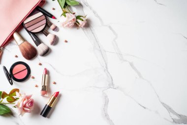 Beyaz arka planda profesyonel kozmetik ürünleri. Palet, fırça ve ruj. Düz metin kopyalama alanı.