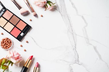 Beyaz arka planda profesyonel kozmetik ürünleri. Palet, fırça ve ruj. Düz metin kopyalama alanı.
