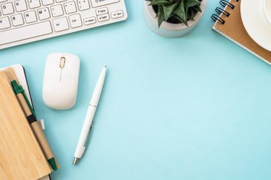 Office desk with laptop, notepad, green plant and pen. Flat lay image on blue with copy space.