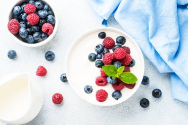 Beyaz kasede taze böğürtlenli yoğurt. Sağlıklı atıştırmalıklar ya da kahvaltı. Diyet yemek..