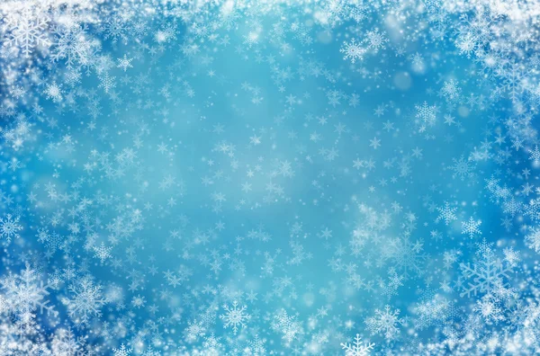 Fondo azul claro con copos de nieve —  Fotos de Stock