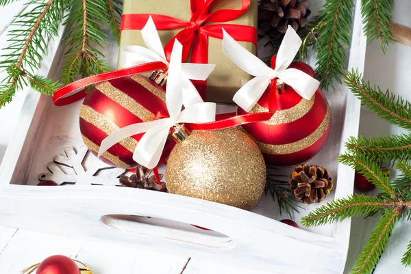 Beautiful christmas balls with tapes — Stock Photo, Image