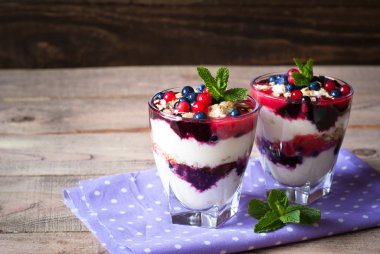 Dessert with yougurt,  jam and berries clipart