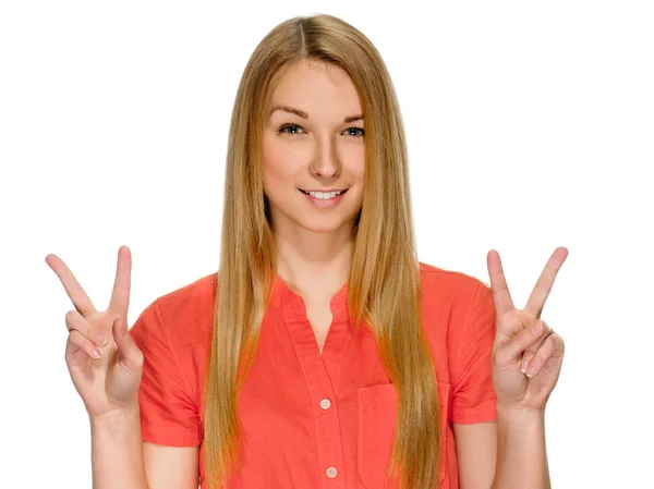 Girl showing victory sign — Stock Photo, Image