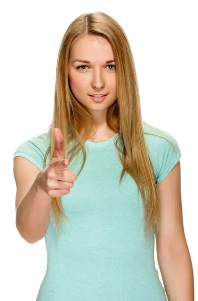 Woman pointing her finger at you — Stock Photo, Image