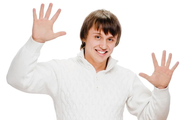 Portrait of happy smiling man showing ten fingers — Stock Photo, Image