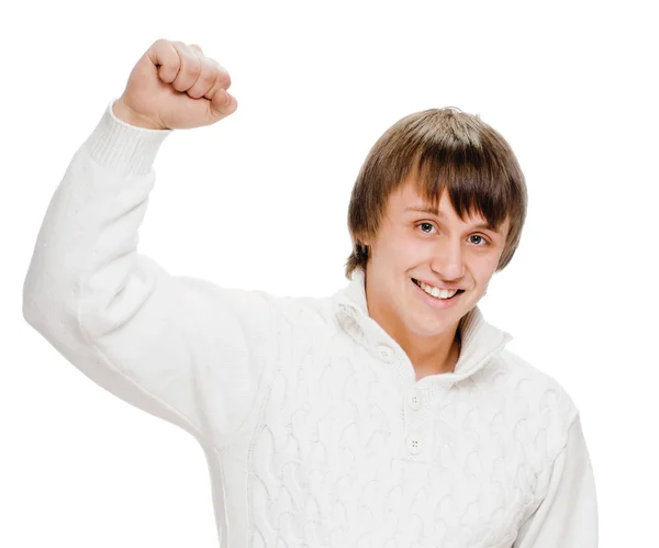 Exited young man kicks air clenched fists arm — Stock Photo, Image