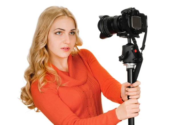 Beautiful young woman taking a selfie photo with photocamera — Stock Photo, Image