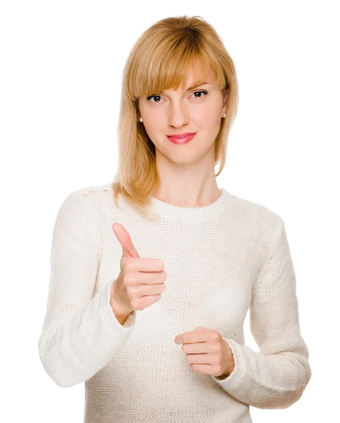 Mujer joven mostrando un pulgar hacia arriba — Foto de Stock