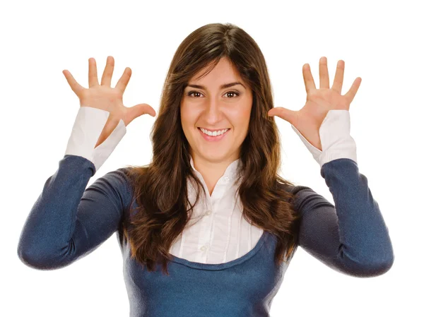 Portrait of happy smiling woman showing ten fingers — Stock Photo, Image