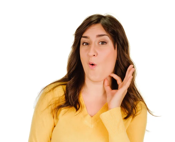 Woman showing fingers on her throat. Drink — Stock Photo, Image