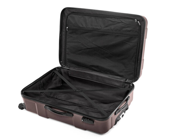Opened empty large traveler suitcase isolated on white background