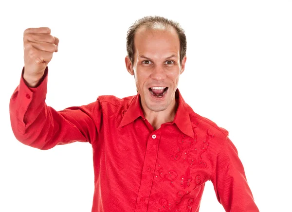 Exited young man kicks air clenched fists arm — Stock Photo, Image