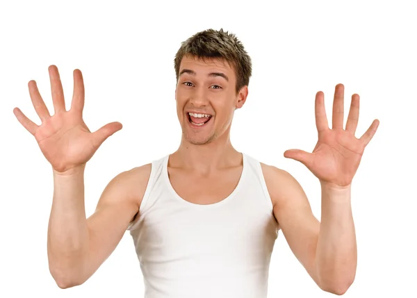 Portrait of happy smiling man showing ten fingers — Stock Photo, Image