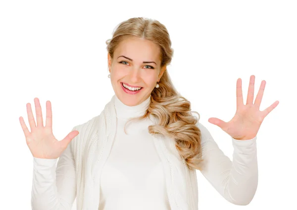 10本の指を示す笑顔の女性の肖像 — ストック写真