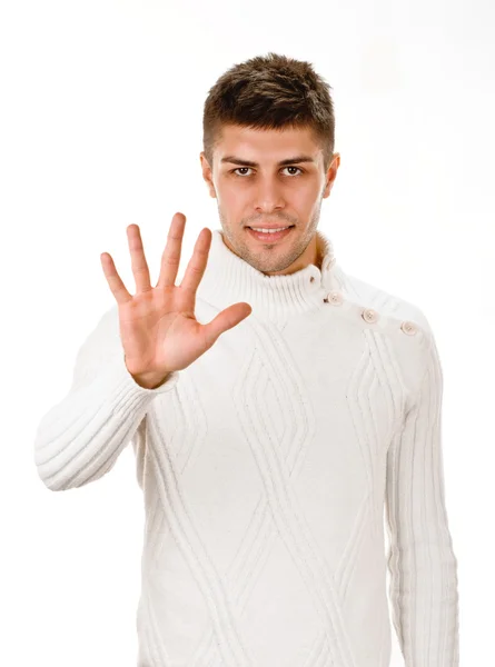 Portrait of happy smiling man showing five fingers — Stock Photo, Image