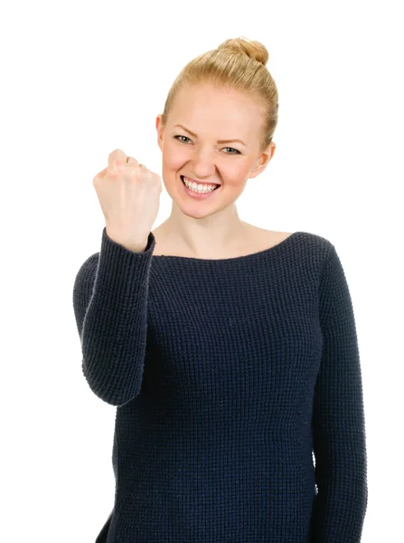 Exited young woman raising clenched fist arm — Stock Photo, Image