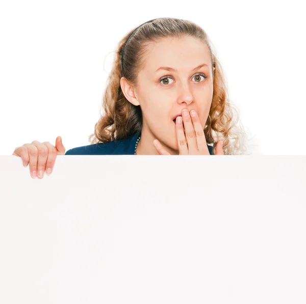 Woman in shock from billboard text — Stock Photo, Image