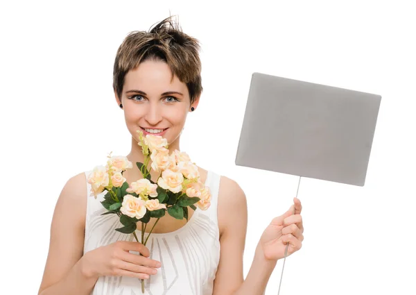 Mujer sosteniendo signo en blanco —  Fotos de Stock