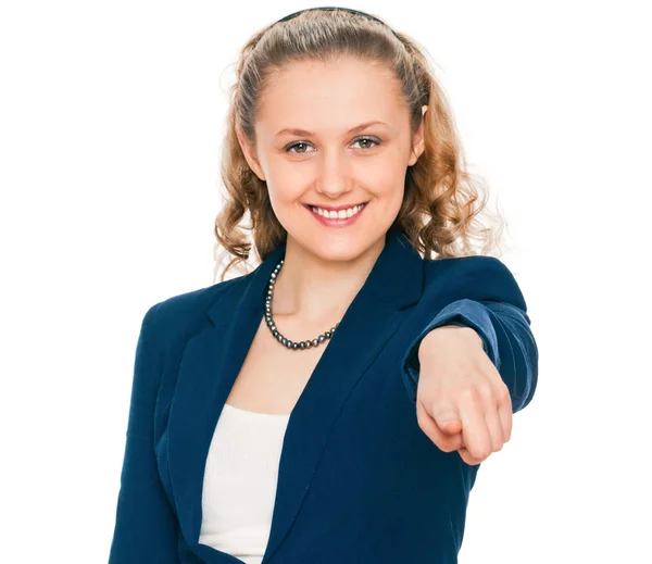 Frau zeigt mit dem Finger auf dich — Stockfoto