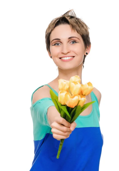 Mooie vrouw met boeket — Stockfoto