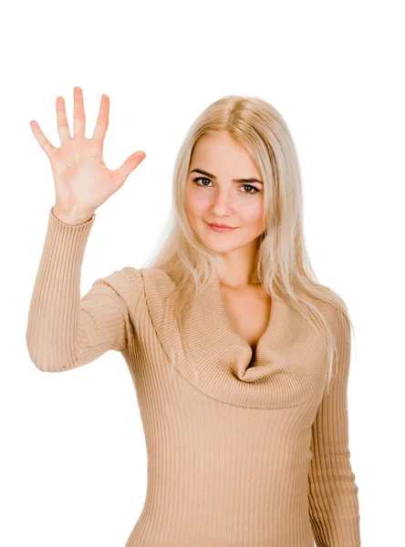 Portrait of smiling woman showing five fingers — Stock Photo, Image