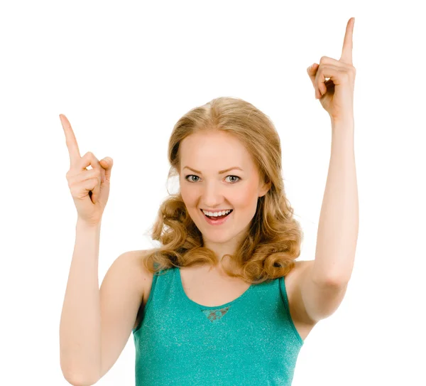 Eureka. Woman with an idea raising her finger — Stock Photo, Image