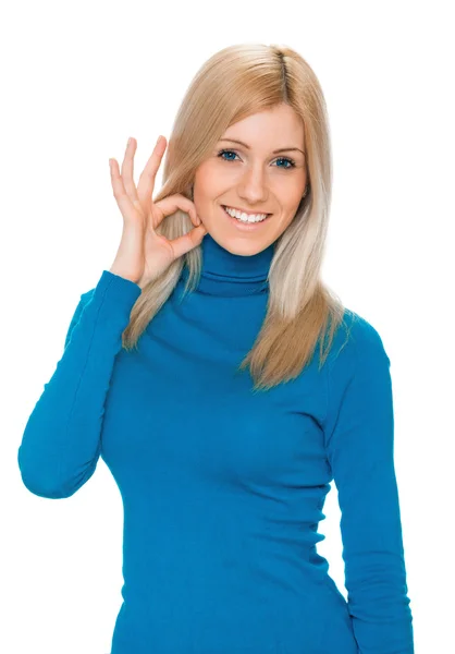 Žena ukazuje prsty na krku. Nápoj — Stock fotografie