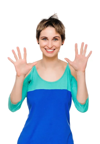 Retrato de mujer feliz mostrando diez dedos — Foto de Stock