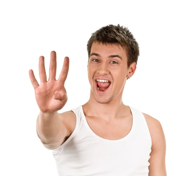 Portrait of happy smiling man showing four fingers — Stock Photo, Image