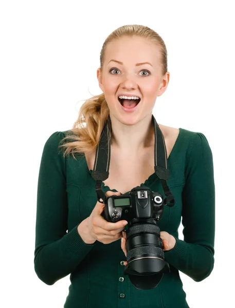 Vrouw fotograaf herziening goed schot — Stockfoto