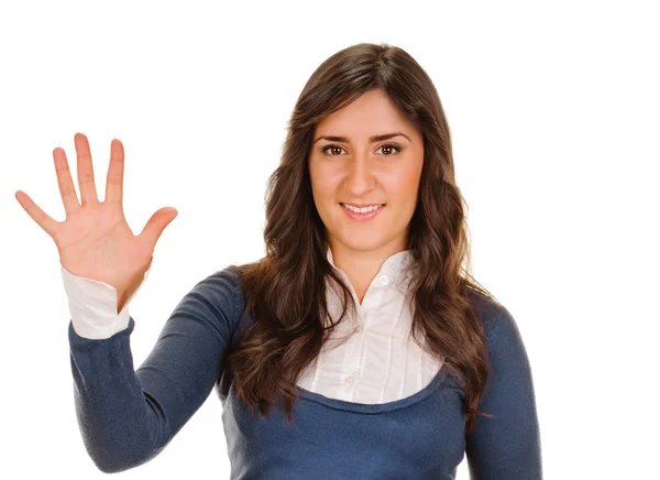 Smiling woman showing five fingers — Stock Photo, Image